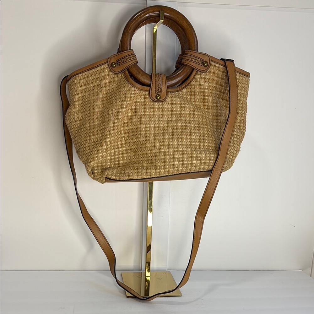 Vintage Fossil Tan Woven Straw Wood Handles/Crossbody Y2K 90’s Boho